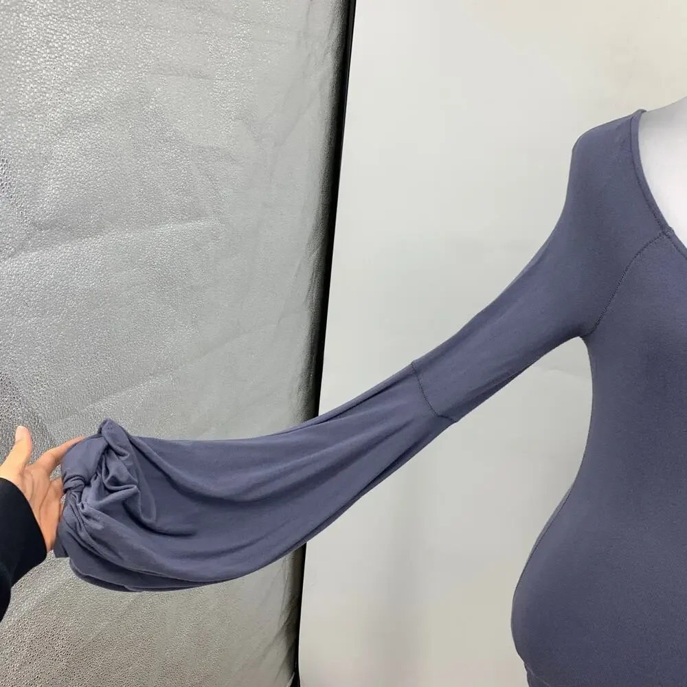 Free People Top Womens Small Blue Grey To The Tropics Blouson Sleeves Low Scoop